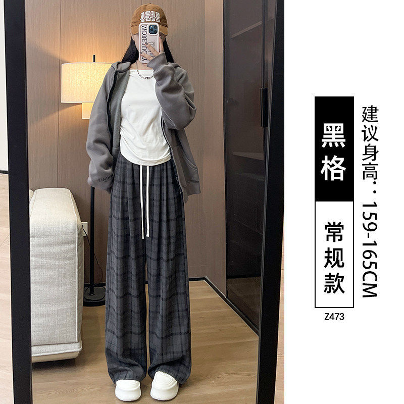 复古直筒格子裤女裤秋冬季2026新款慵懒休闲宽松垂感窄版阔腿裤子