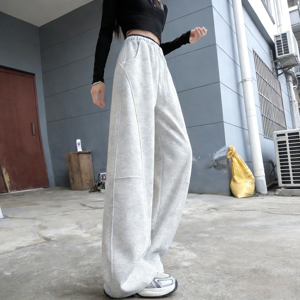 灰色运动裤女款2025新款秋冬加绒弯刀卫裤小个子宽松休闲阔腿裤子