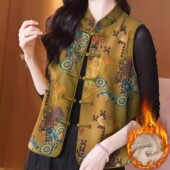 中式 上衣 秋冬妈妈无袖 国风加绒盘扣马甲时尚 复古坎肩背心盘扣女装