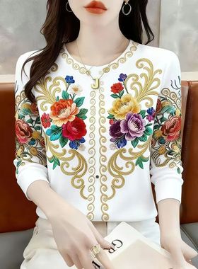 新品上新时髦圆领长袖打底衫女2026春季时尚妈妈装遮肚洋气T恤衫