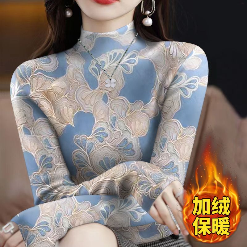 德绒加绒半高领打底衫女秋冬时尚印花韩版显瘦百搭长袖t恤