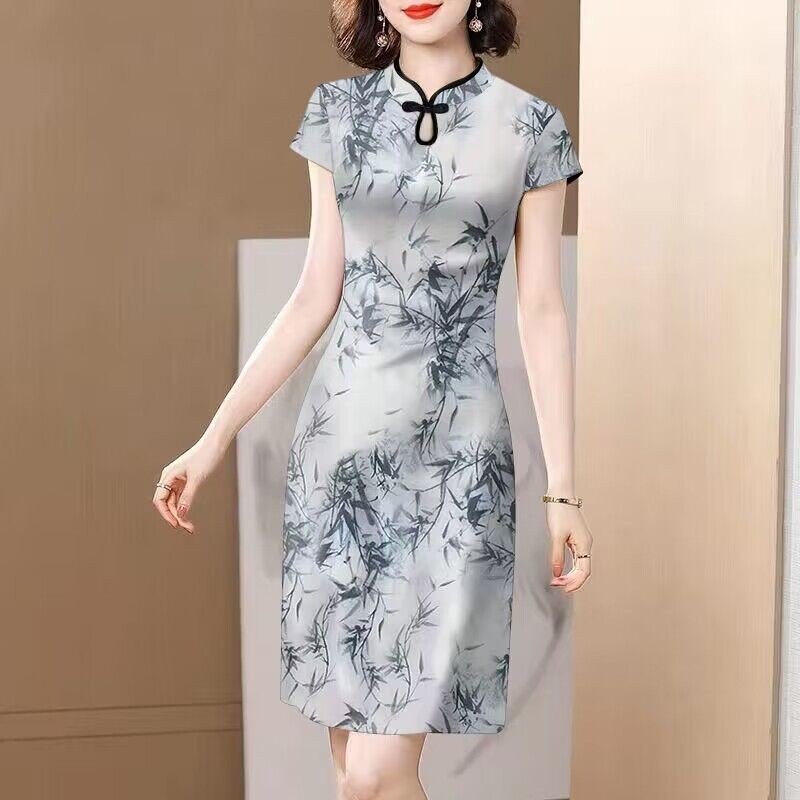 中长款旗袍短袖连衣裙女装夏盘扣