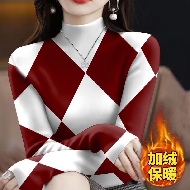 德绒加绒半高领打底衫女秋冬时尚印花韩版显瘦百搭长袖t恤