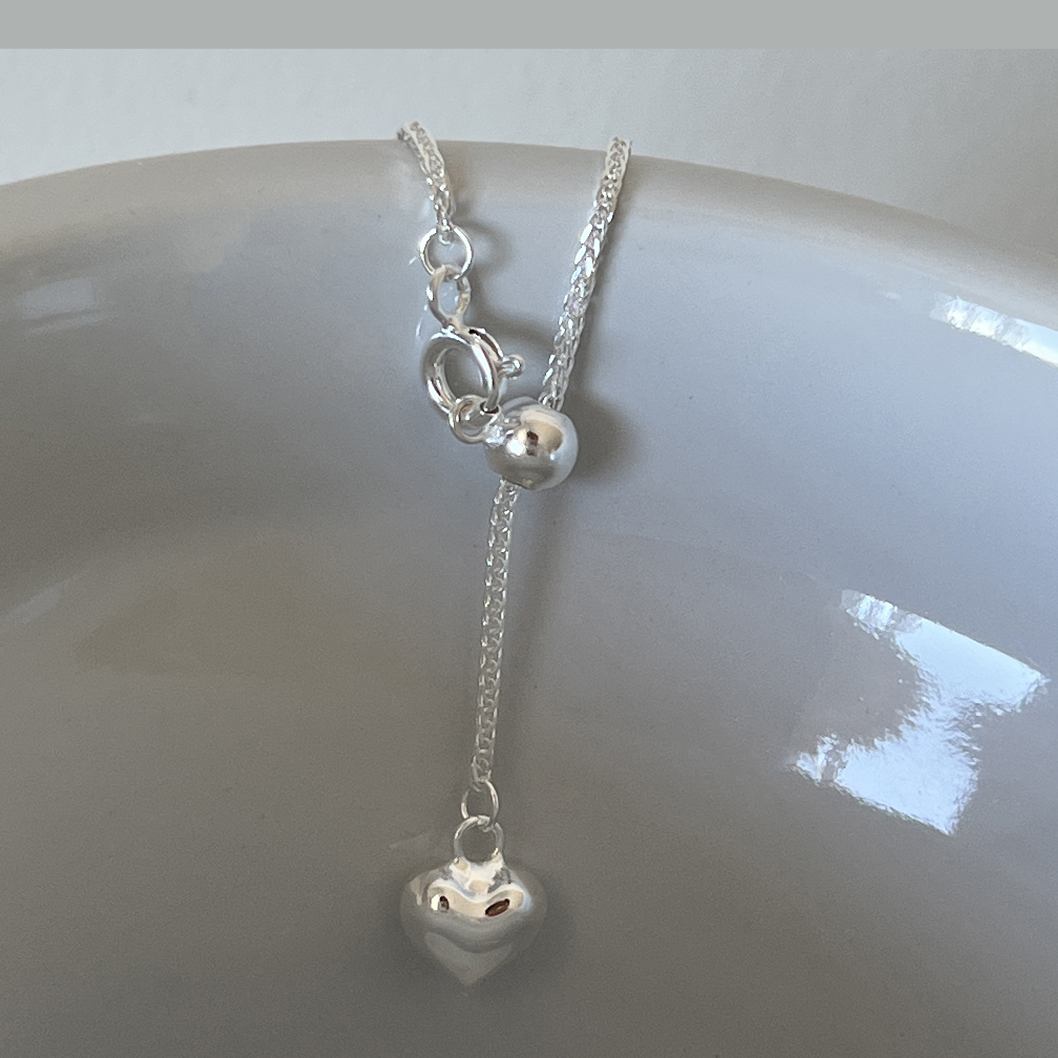 纯银可调节爱心流苏抽拉式锁骨链