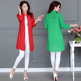 夏天外套女薄雪纺防晒衣女士外搭中长款新款夏季开衫宽松薄款衬衫