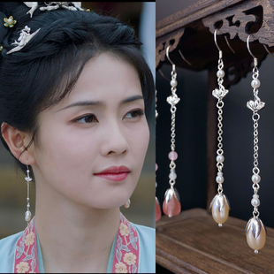 宁安如梦周边白鹿姜雪宁同款珍珠莲花耳环长款修饰脸型古风耳饰夹