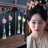 S925银钩灼灼风流同款 粉色花朵流苏耳环古典手工长山茶花古装 耳饰