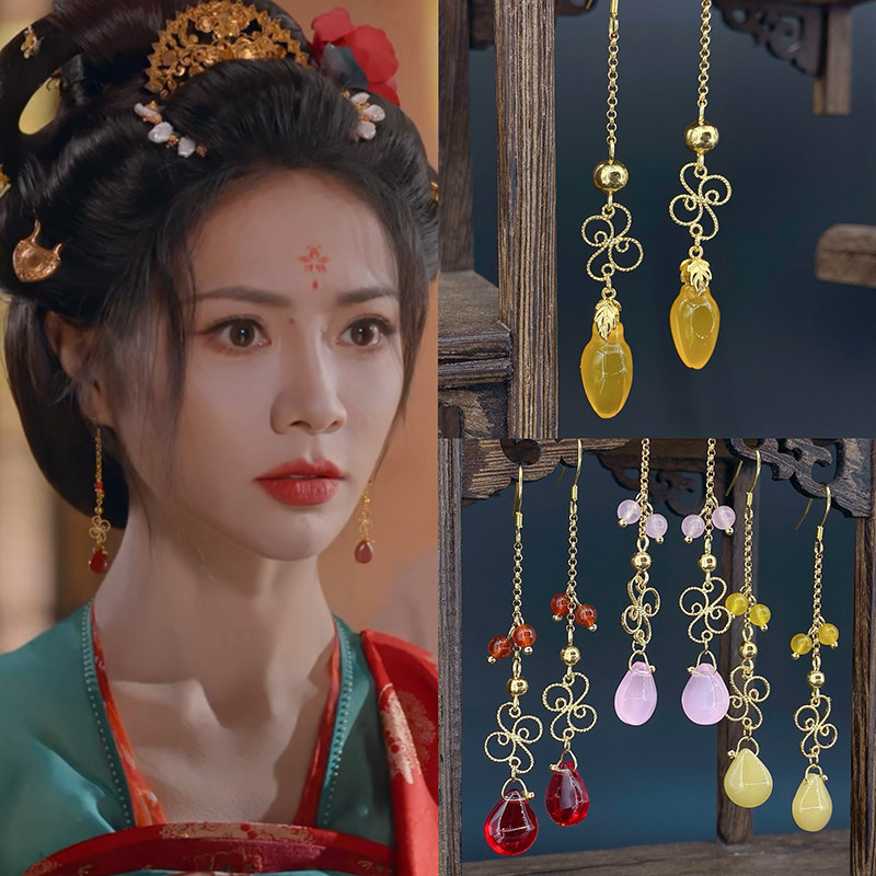 中国风琉璃玛瑙女玉髓花苞耳饰图片