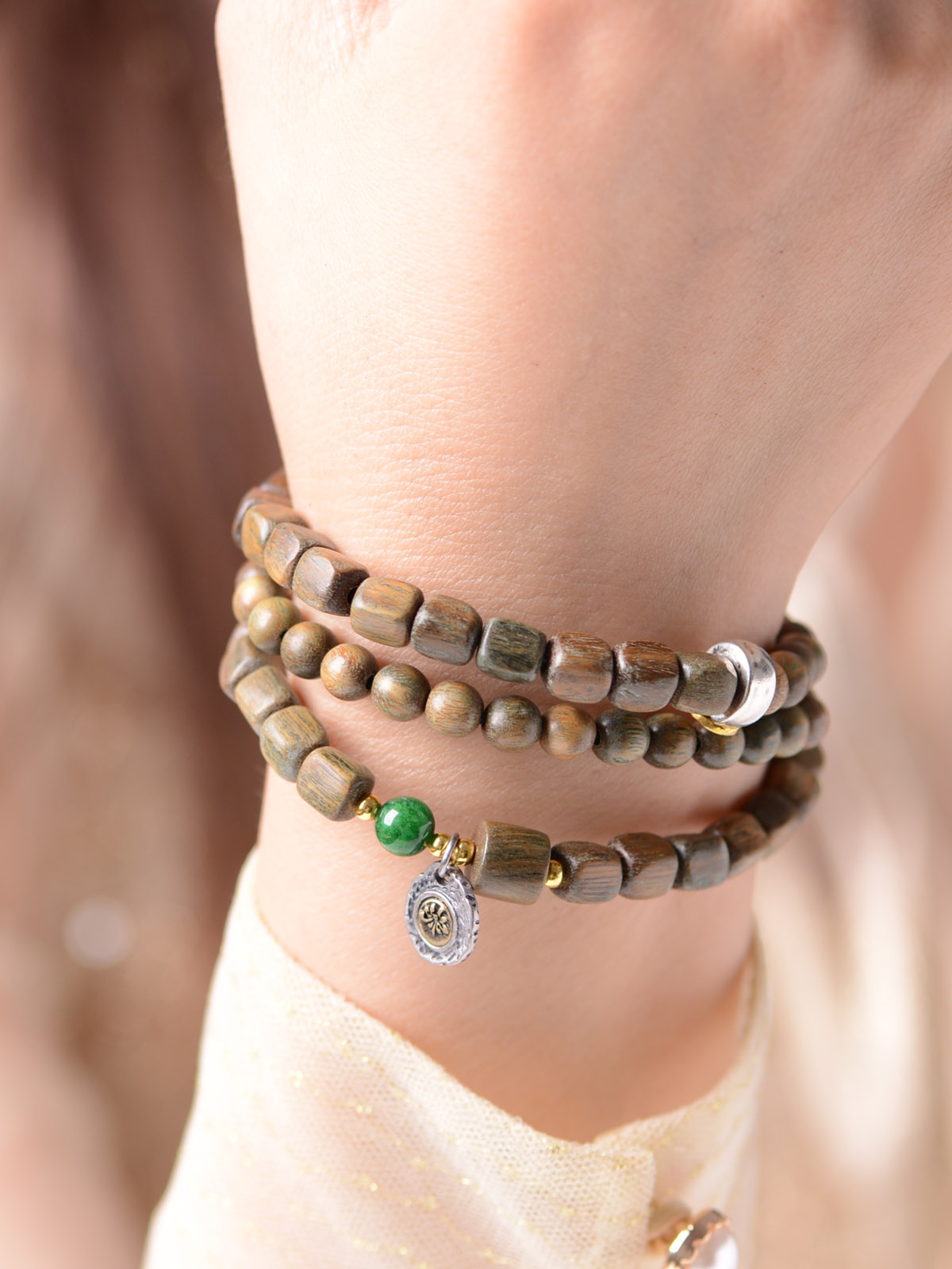 男女绿檀木藏银民族风三圈手串