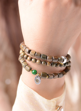 男女绿檀木藏银民族风三圈手串