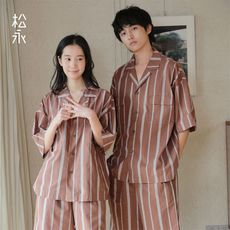 松永纯棉春夏情侣同款条纹短袖短裤睡衣套装男女棉质柔软家居服