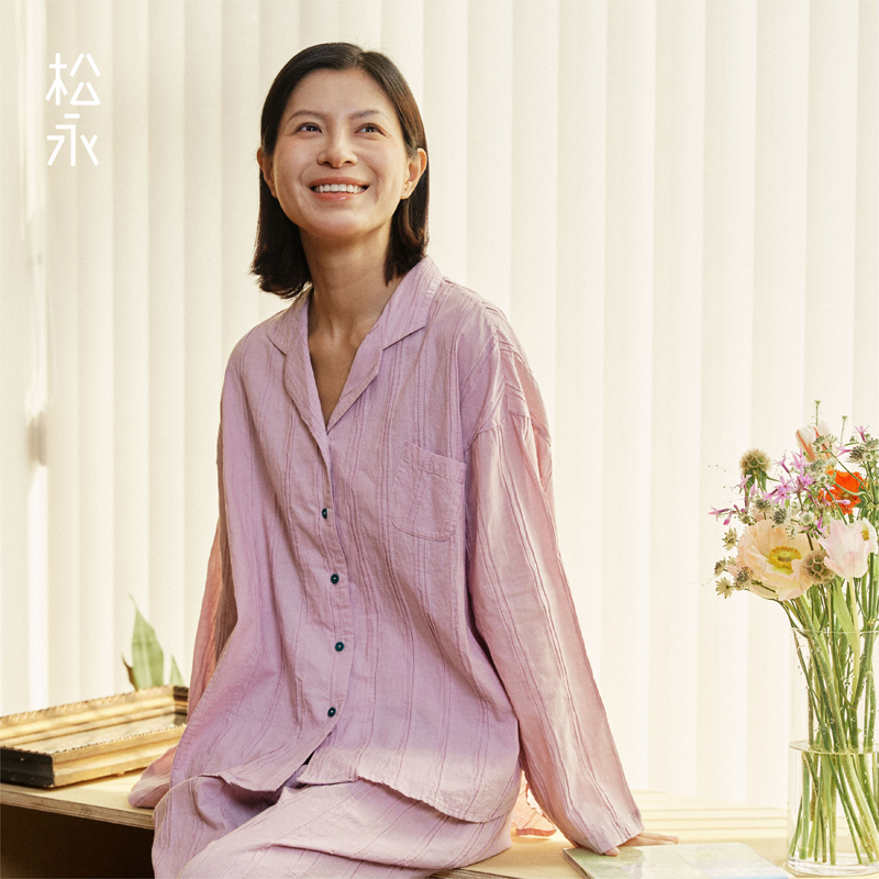 松永春夏棉麻女士睡衣长袖长裤简约休闲柔软纯色家居服套装薄款