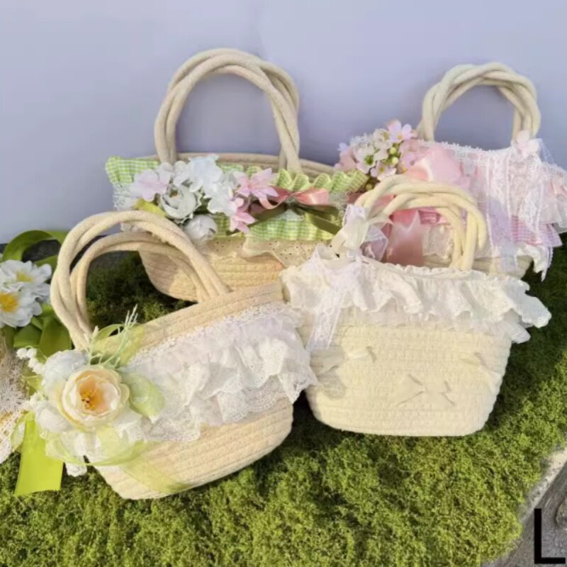 田园Lolita蕾丝草编包包森系洛丽塔花朵度假草包软妹斜挎手提小包