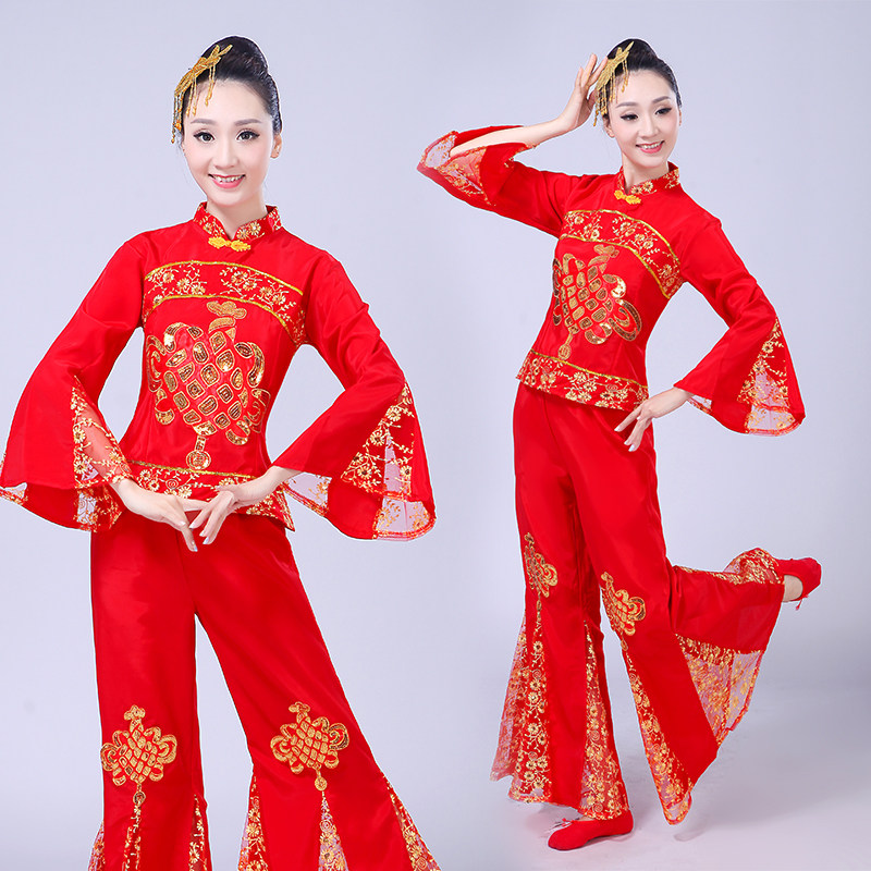 2018新品喜庆秧歌服装成人中国结红灯笼舞蹈表演服女款民族演出服