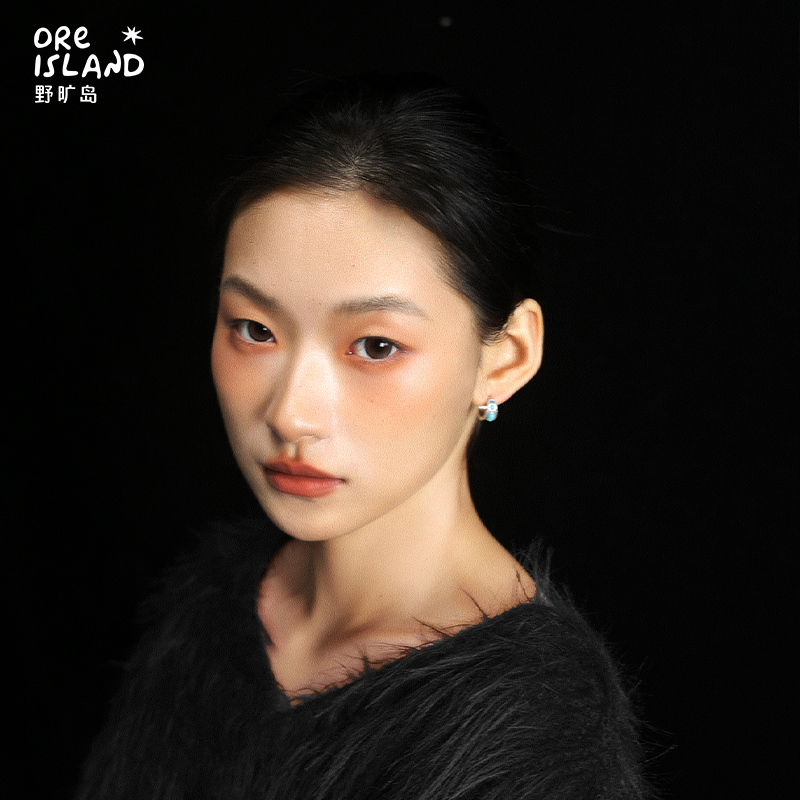 野矿岛绿松石耳饰镶嵌925银耳环中性男女耳圈原创设计气质通勤