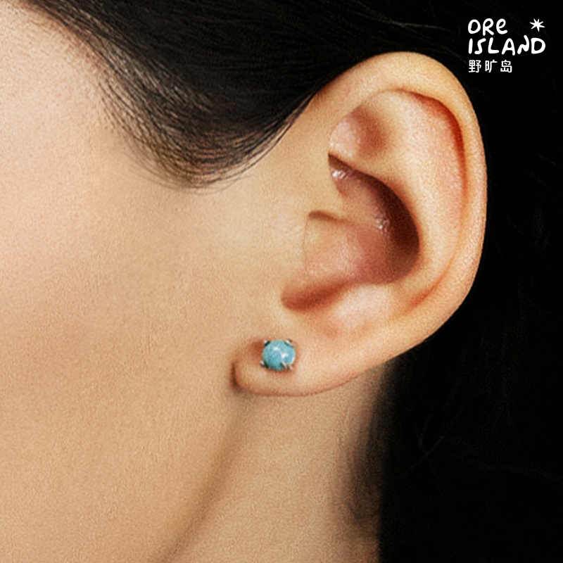 野矿岛天然原矿蓝绿松石基础925银耳钉耳饰简约通勤男女中性同款