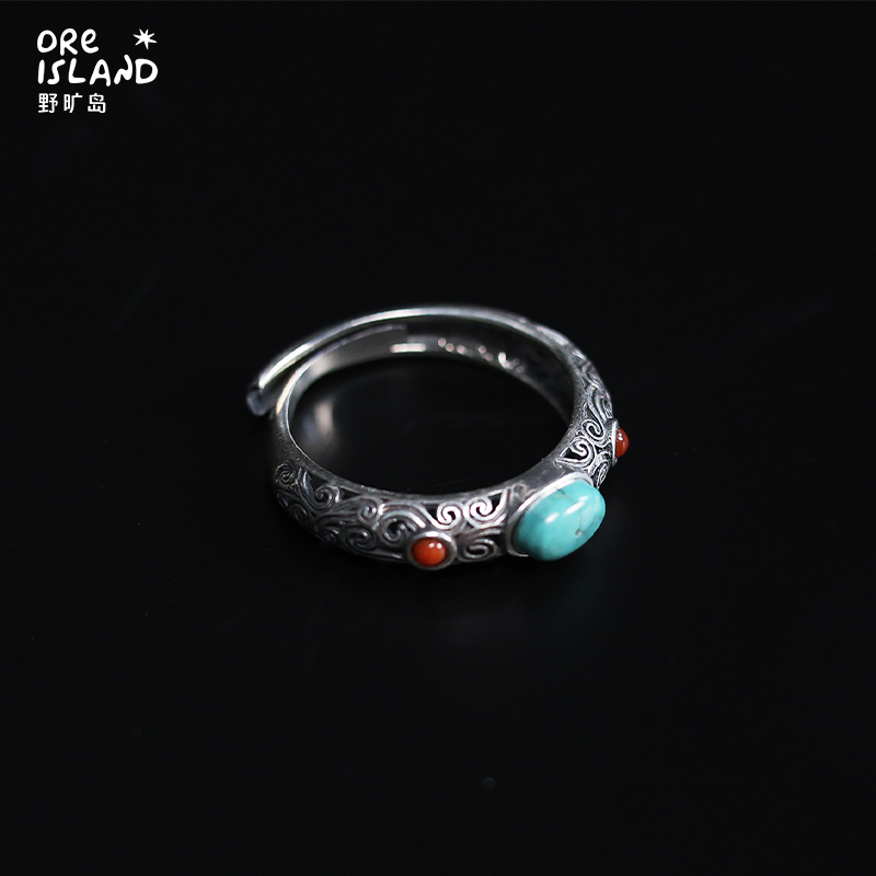 野矿岛松石戒指S925银镶嵌复古银饰新中式女款绿松石手饰品个性