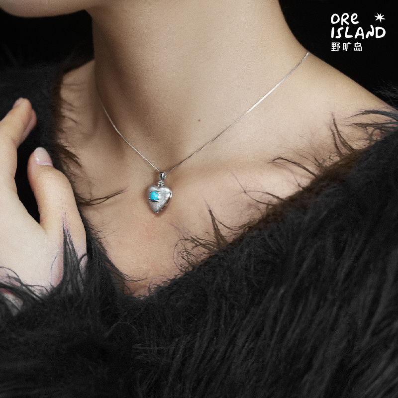 野矿岛爱心项链925银原矿蓝绿松石个性中性镶嵌心形小众男女吊坠