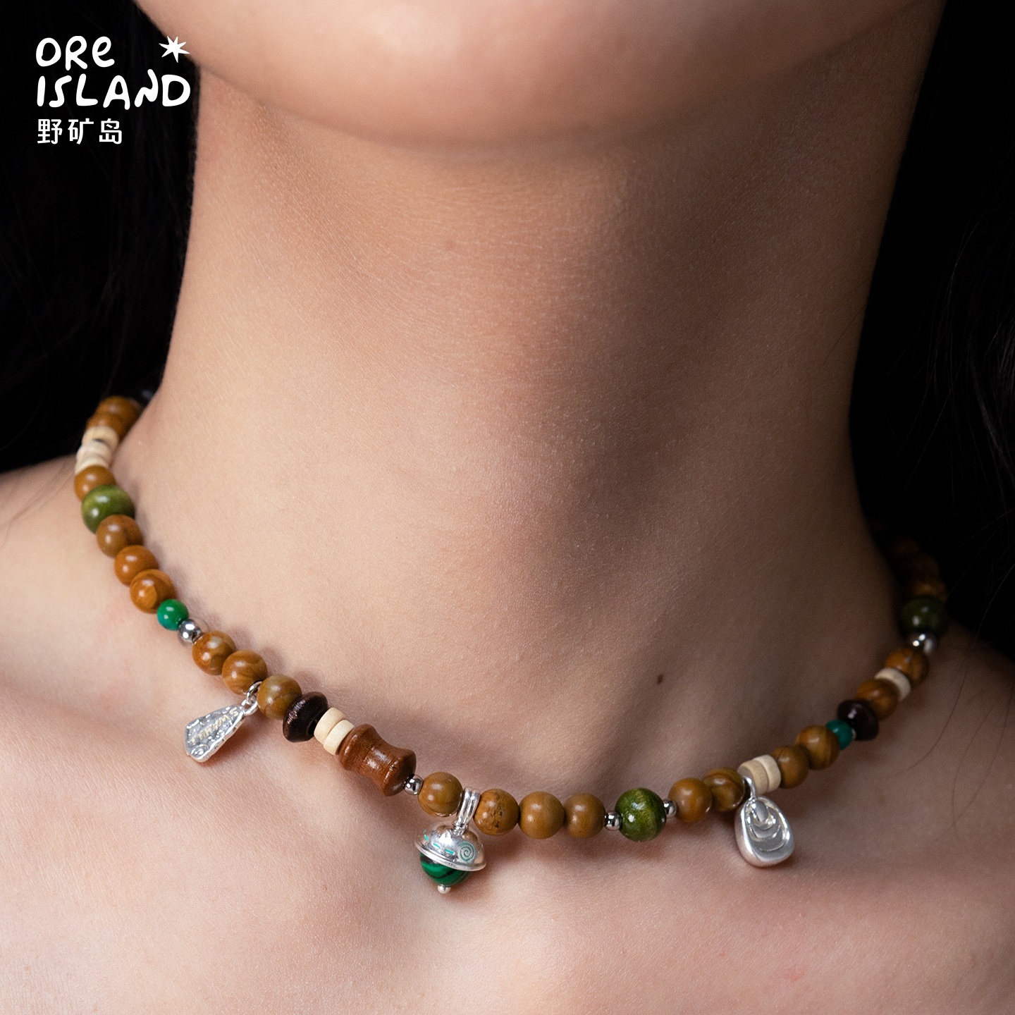 野矿岛榛果木珠天然石串珠项链小众设计复古高级感锁骨链中式中性