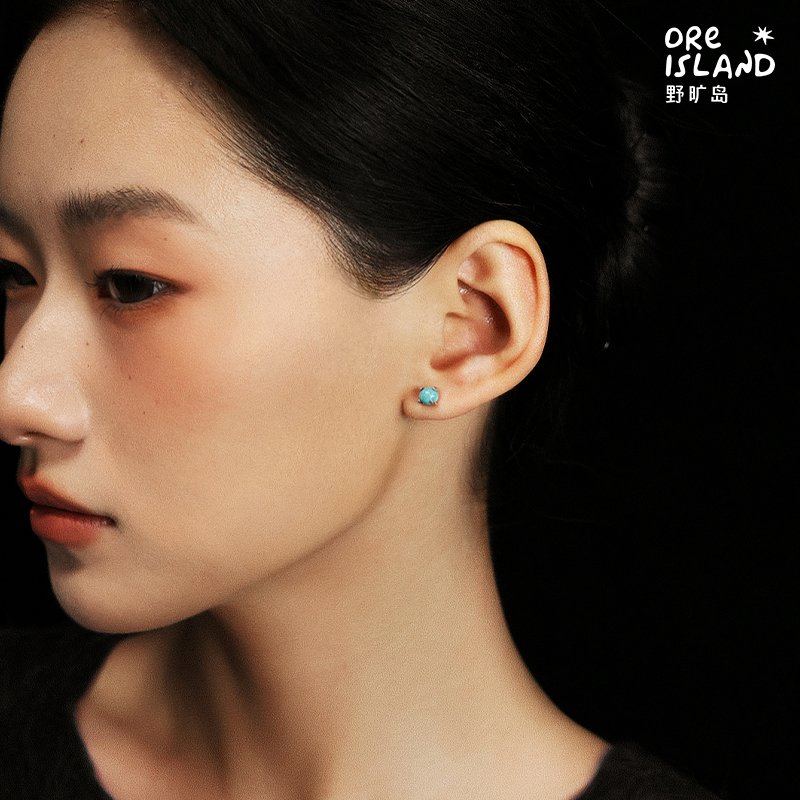 野矿岛925银天然原矿蓝绿松石基础款耳钉耳饰简约通勤男女同款