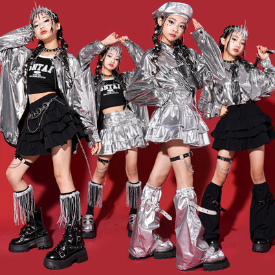 女童jazz银色爵士舞服装少儿走秀套装儿童街舞演出服女孩上衣潮装