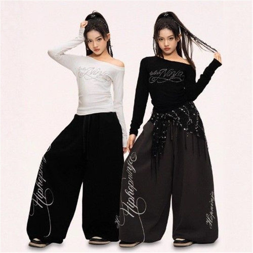 女童跳爵士舞斜肩烫钻长袖上衣儿童街舞运动裤表演出服甜酷套装