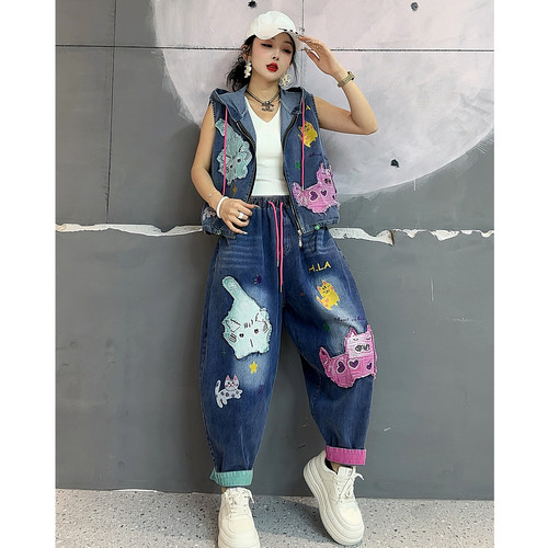 女春季连帽马甲九分裤两件套