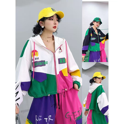 2025春季新款撞色个性字母印花短款外套洋气宽松爆款拼接连帽夹克