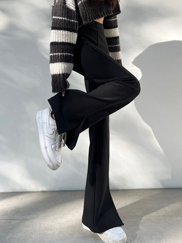 ebenb黑色开叉喇叭裤女春秋2024年高腰显瘦修身微喇西装裤弹力拖