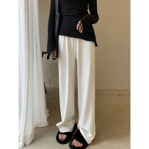 高腰休闲白色阔腿裤女