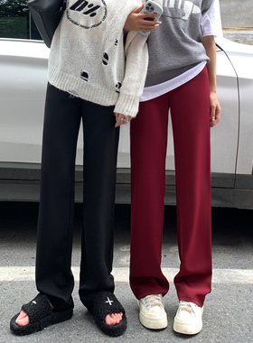 ebenb灰色窄版西装裤女春秋2024新款垂坠感酒红色直筒阔腿裤高腰