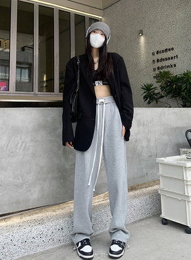ebenb 灰色运动裤女春秋宽松直筒阔腿裤两穿抽绳束脚拖地卫裤子女