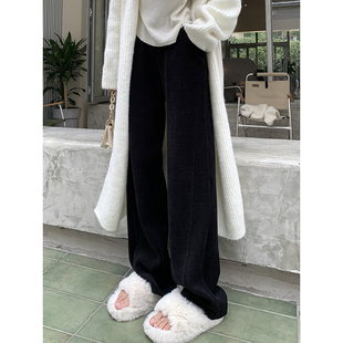 ebenb 黑色雪尼尔阔腿裤女秋冬加绒高腰垂感小个子直筒拖地香蕉裤