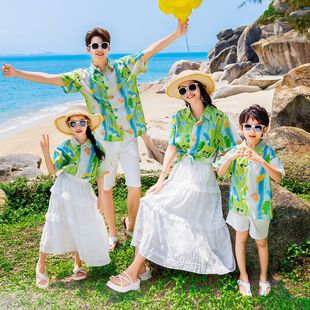 2026新款亲子装一家三口四口高端母女装母子装沙滩度假衬衫套装