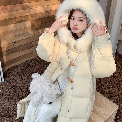 牛角扣韩版羽绒服女2025中长款过膝加厚显瘦百搭面包服冬季外套