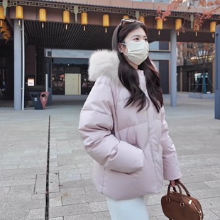 香榭颂90白鸭绒羽绒服女短款冬季2025新款真毛领连帽百搭加厚外套