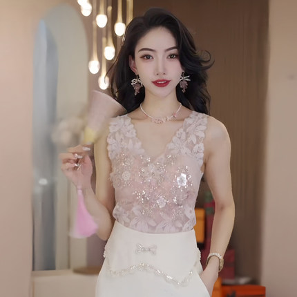 春夏款重工刺绣花朵钉珠修身吊带美背自带胸垫无袖蕾丝内搭上衣女