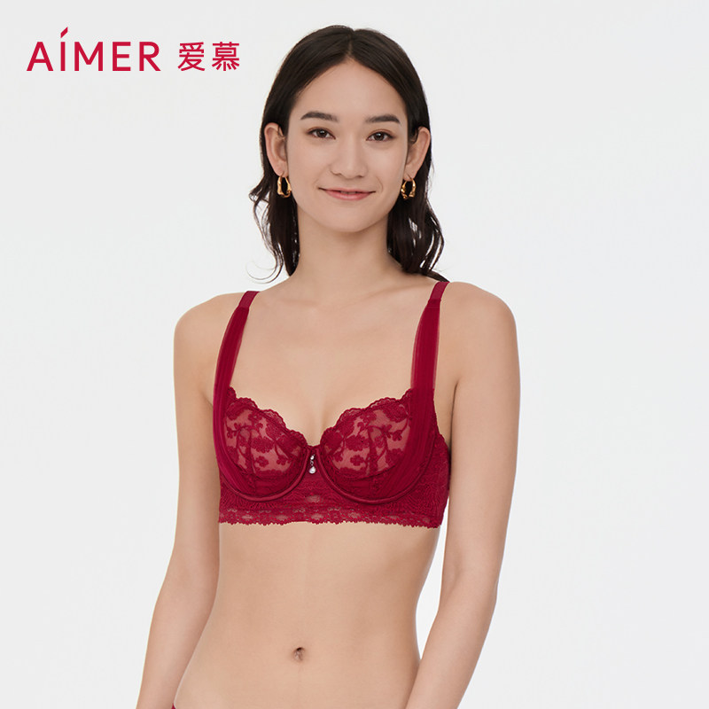 爱慕内衣女红品本命年深V聚拢结婚薄款文胸性感蕾丝胸罩AM137841