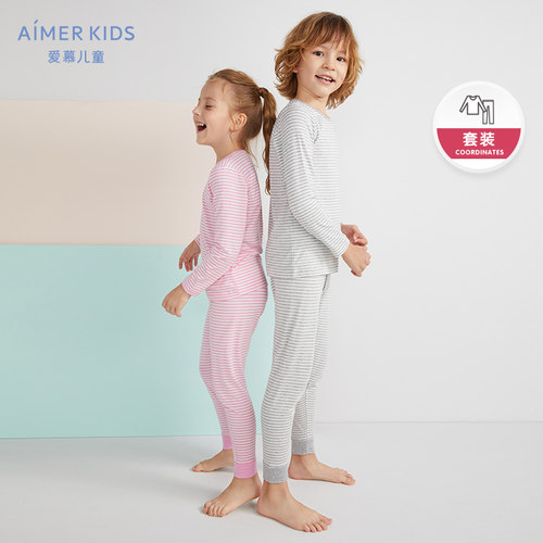 Aimerkids爱慕儿童男女童条纹内衣套装秋衣裤AK274Z11 ak174z11