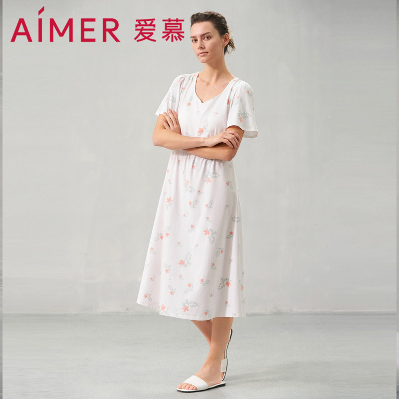 爱慕24SS花漾睡衣女春夏棉质短袖带杯长款睡裙可外穿AM449631