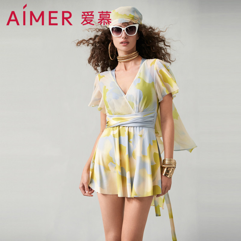 爱慕半夏清光女士春夏性感连体聚拢胸垫带袖裙式泳衣AM689752