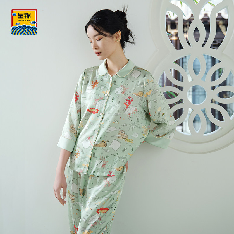 爱慕皇锦真丝睡衣女士春夏七分袖圆领分身套装-海错图HJ21530