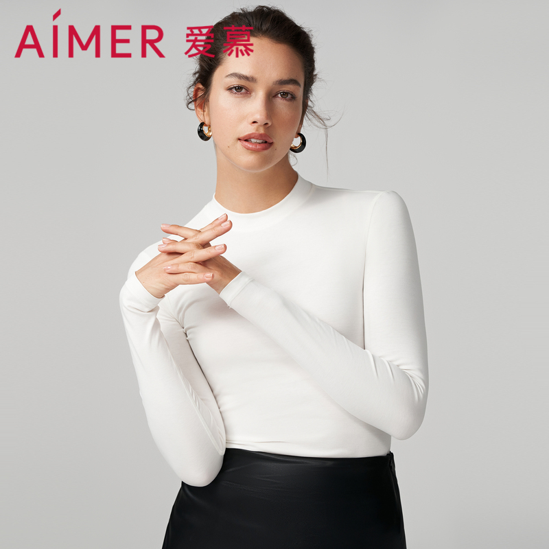 爱慕纤棉保暖内衣女秋冬棉质纯色小圆领长袖上衣打底衣AM728852
