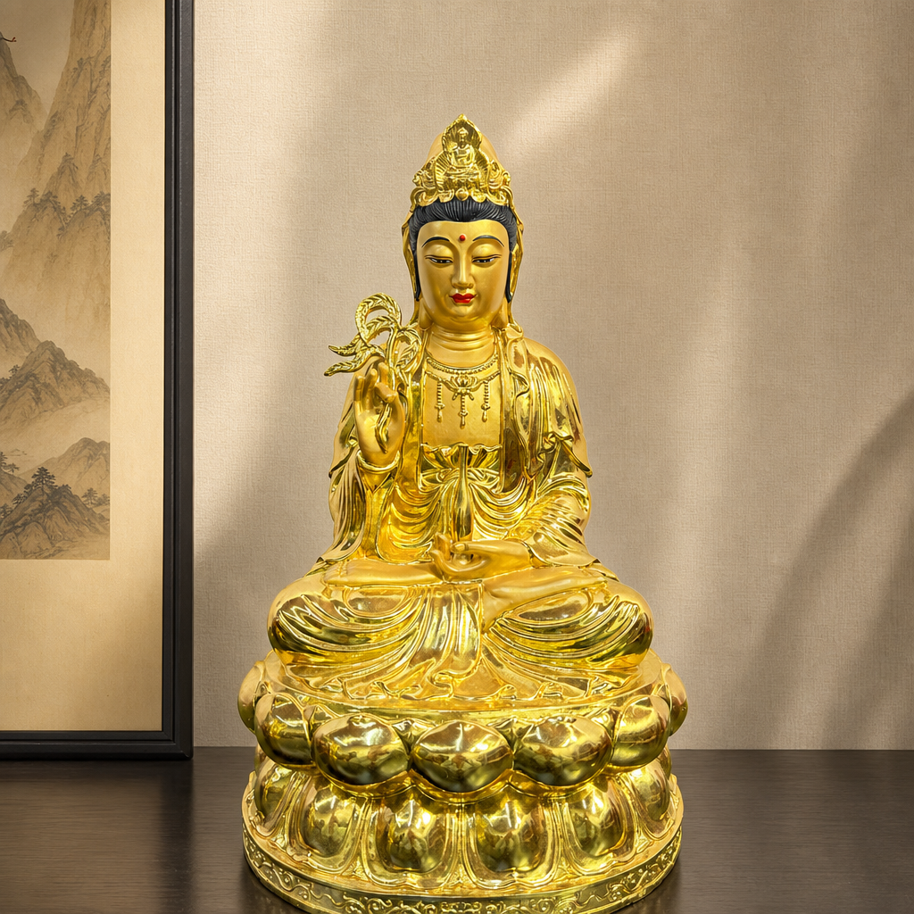 贴金观音菩萨佛像坐像莲花底座家用供奉客厅装饰品摆件创意