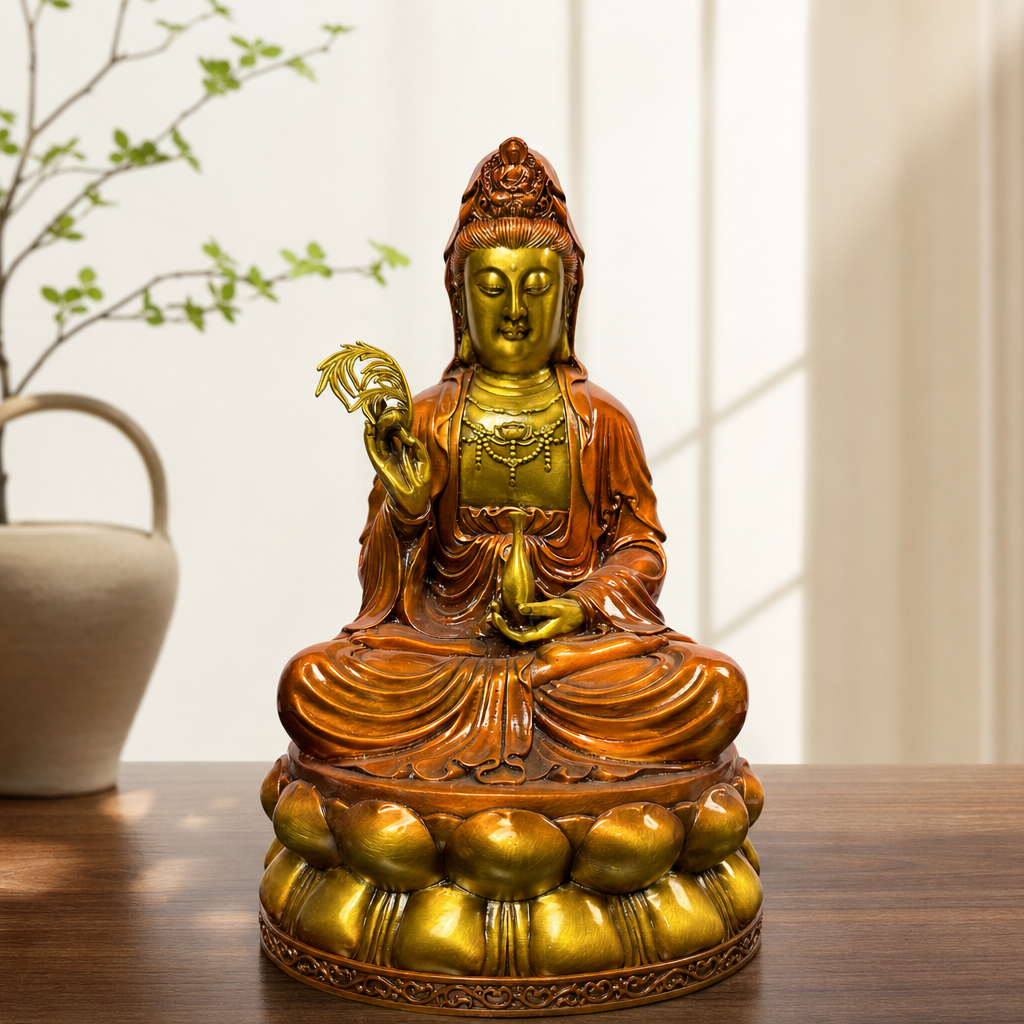 黄铜观音佛像莲花宝座家用供奉摆件观音菩萨普陀南海佛堂观世音