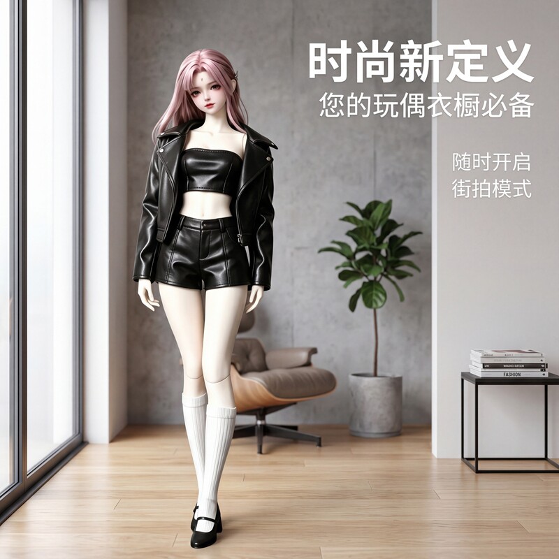 3分BJD大女娃衣机车皮衣外套 短款翻领亮面皮夹克 4分6分通用娃服