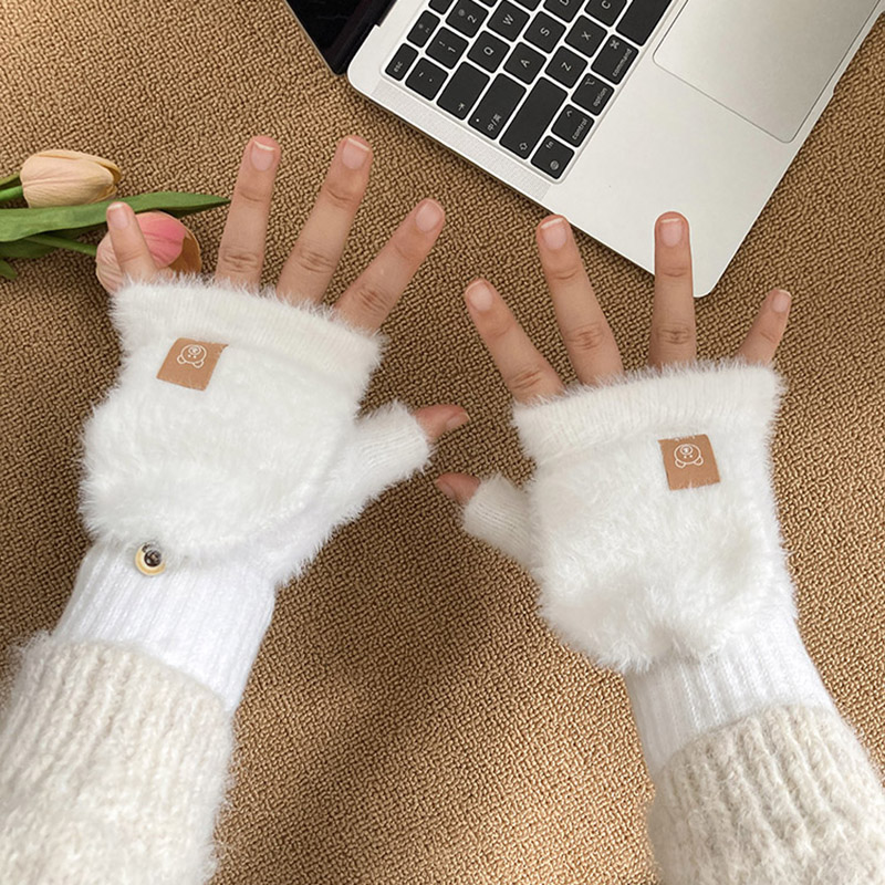 白色毛绒露指可翻盖手套女款2025新款秋冬季加厚保暖学生写字防寒