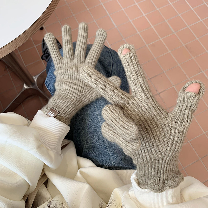 针织手套女冬季韩版纯色花边设计保暖防寒学生露指可触屏骑行防风