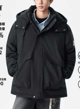 男士黑色工装羽绒服高充绒量鸭绒服男款冬季加厚冲锋衣连帽滑雪服