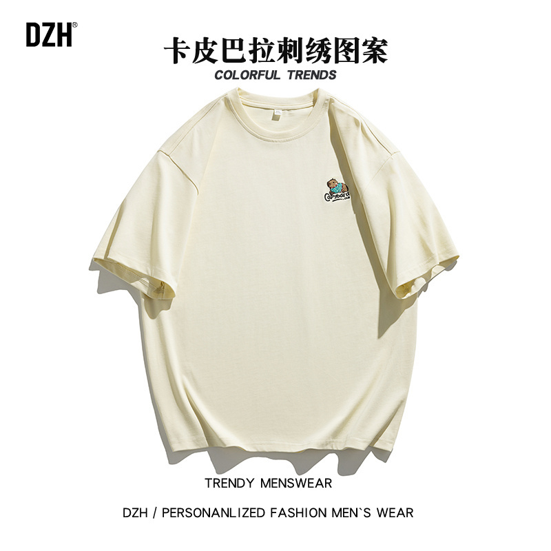 男士黄色纯棉短袖t恤男圆领2025新款半袖衣服刺绣可爱上衣夏薄款